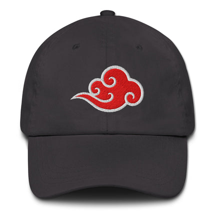 Red baseball cap embroidered with Chinese auspicious cloud design.