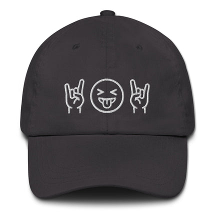 Dad hat with embroidered rocker emoji design, featuring "rock on" hands and tongue out mouth embroidery.