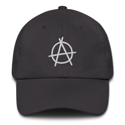 Embroidered anarchy symbol dad hat featuring the anarchist 'A' circle logo.