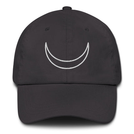 Embroidered crescent moon baseball cap featuring lunar celestial symbols.