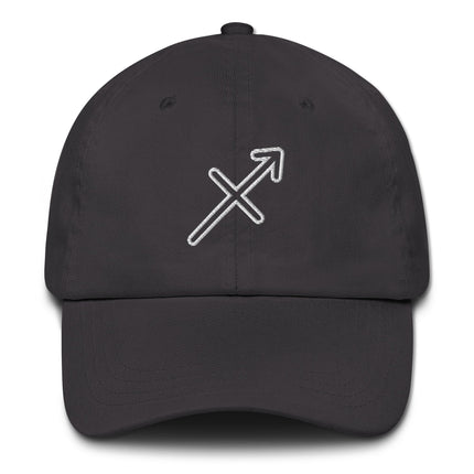 Embroidered Sagittarius zodiac sign outline on a casual dad cap hat.