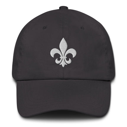 White embroidered baseball cap featuring a classic fleur de lis French lily symbol.