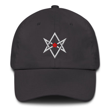 Red star and Thelema hexagram embroidered unstructured baseball cap dad hat.
