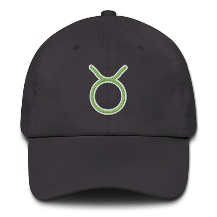 Green embroidered baseball cap featuring the Taurus zodiac constellation symbol.