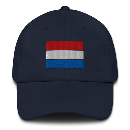 Embroidered Dutch flag baseball cap showing Netherlands pride. Unstructured dad hat style for men.