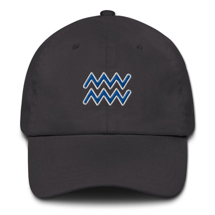 Blue embroidered dad cap featuring the Aquarius zodiac sign symbol.