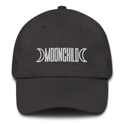 Black baseball cap featuring an embroidered crescent moon symbol design.