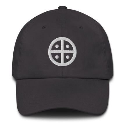 Solar cross symbol embroidered baseball cap featuring an ancient sun wheel design.