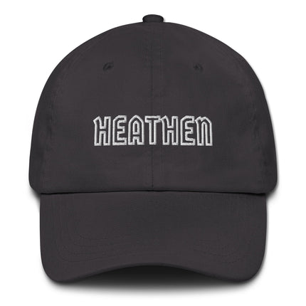 Heathen embroidered text on a structured cotton dad hat baseball cap.