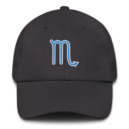 Blue embroidered baseball cap featuring the Scorpio zodiac sign symbol.
