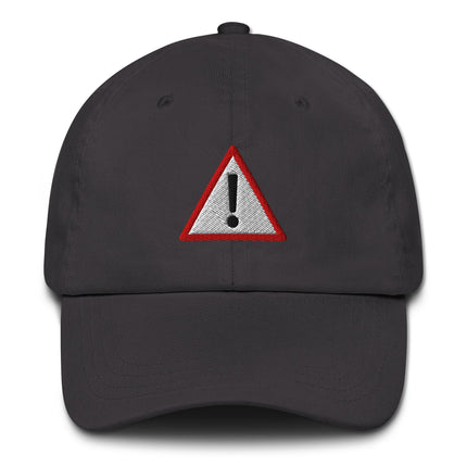 Dad hat baseball cap with embroidered danger warning symbol and large exclamation point design.