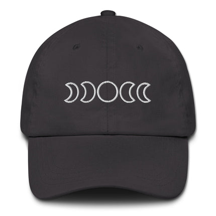 Embroidered moon phases baseball cap featuring the full lunar cycle graphic.