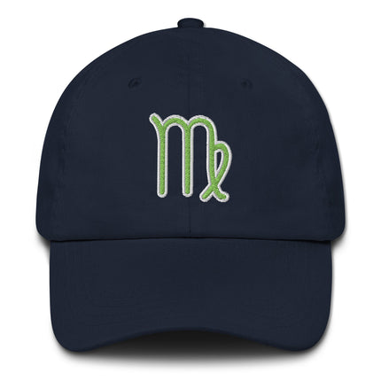 Embroidered green dad hat featuring the Virgo zodiac symbol on a casual baseball cap.
