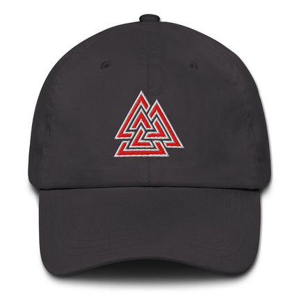 Red baseball cap featuring an embroidered Norse Valknut Asgardian symbol design.
