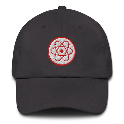 Black baseball cap embroidered with a radioactive atom symbol for physics enthusiasts.
