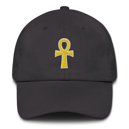 Black embroidered dad cap featuring a gold Ankh symbol, the Egyptian symbol of life.
