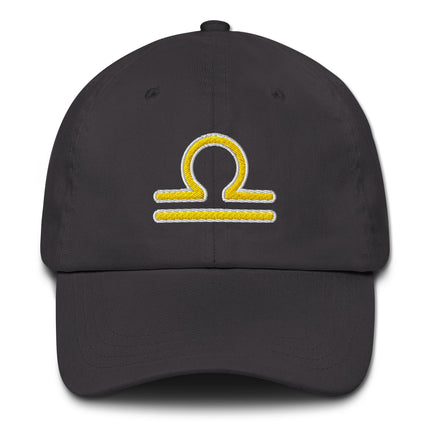 Embroidered yellow Libra zodiac symbol baseball cap for astrology lovers.