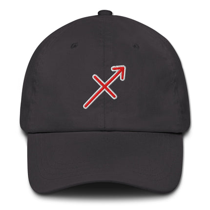 Embroidered Sagittarius zodiac sign hat featuring the constellation symbol and red arrow motif.