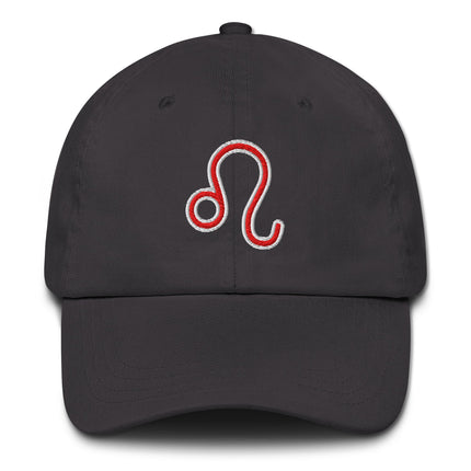 Embroidered Leo zodiac sign dad hat featuring astrological symbol design for men.