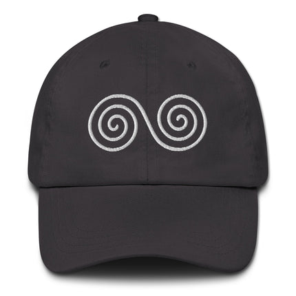 Embroidered baseball cap featuring a double spiral Celtic infinity symbol design.