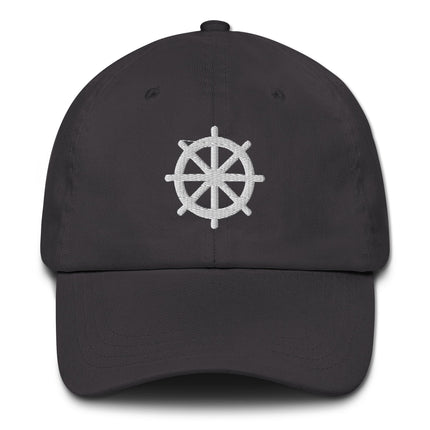 Embroidered Dharma Wheel baseball cap featuring the Buddhist eight-spoked symbol design.