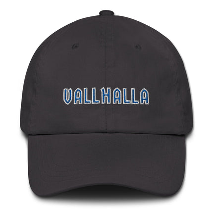 Blue embroidered baseball cap featuring Valhalla Norse mythology Viking designs.