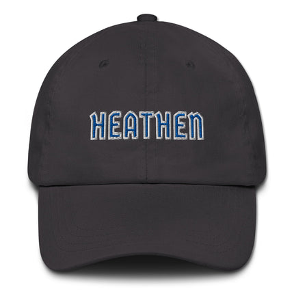 Blue and white embroidered "Heathen" text dad hat on an unstructured baseball cap.