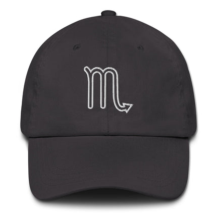 Embroidered Scorpio zodiac sign outline on a casual baseball cap.