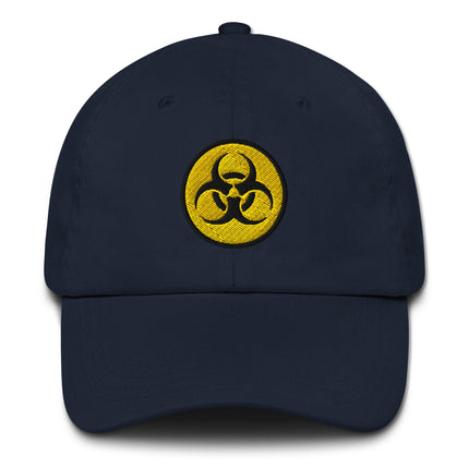 Yellow and black embroidered biohazard warning symbol baseball cap.