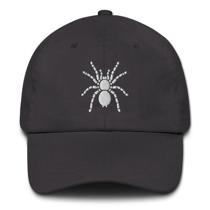 Black baseball cap featuring detailed tarantula embroidery design.