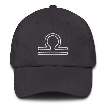 Embroidered Libra zodiac scales outline cap for astrology lovers.