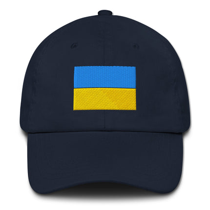 Black baseball cap with embroidered blue and yellow Ukrainian flag design.