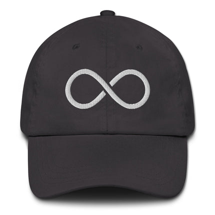 Embroidered infinity symbol dad hat with forever love graphic.