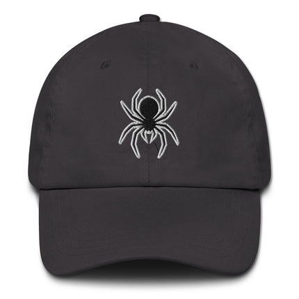 Embroidered spider graphic baseball cap featuring gothic arachnid details.