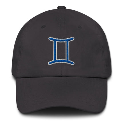 Blue baseball cap featuring embroidered Gemini zodiac sign embroidery.