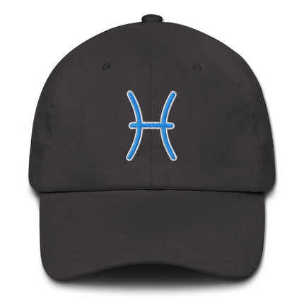 Blue embroidered Pisces zodiac sign baseball cap for astrology lovers.