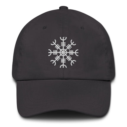 Embroidered Viking Helm of Awe dad hat with Norse mythology Aegishjalmur baseball cap design.