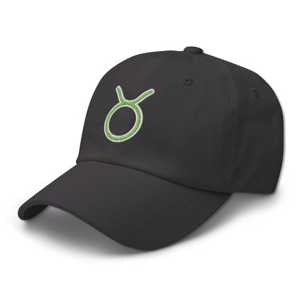 Embroidered green baseball cap featuring the Taurus bull zodiac sign for astrology fans.
