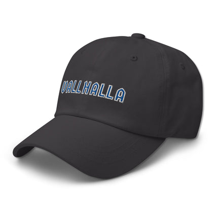 Blue embroidered baseball cap featuring Norse mythology and Viking Valhalla designs.