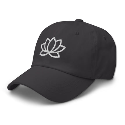 Embroidered lotus flower on unstructured cotton dad hat baseball cap.
