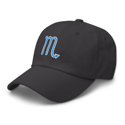 Embroidered blue Scorpio zodiac sign baseball cap featuring the horoscope symbol.