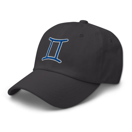 Embroidered blue Gemini zodiac symbol baseball cap for astrology fans.