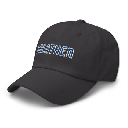 Blue and white embroidered heathen text unstructured baseball cap dad hat.