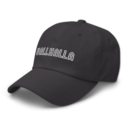 Embroidered Valhalla baseball cap featuring Norse Viking mythology designs.