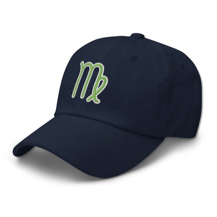 Green dad hat featuring an embroidered Virgo constellation zodiac symbol baseball cap.