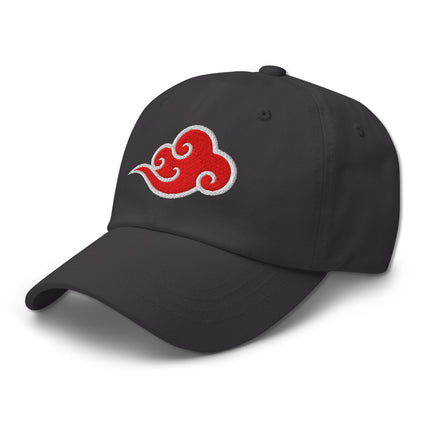 Red dad hat featuring embroidered Chinese auspicious cloud design on a baseball cap.