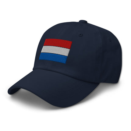 Embroidered Dutch flag dad hat featuring Netherlands pride design on an unstructured baseball cap.