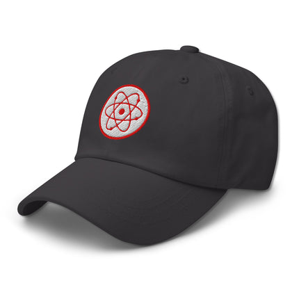 Embroidered black cap featuring a scientific radioactive atom symbol for physics enthusiasts.