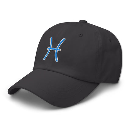 Blue embroidered Pisces zodiac symbol baseball cap for astrology signs.