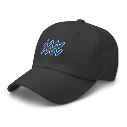 Blue embroidered dad cap featuring the Aquarius zodiac sign for astrology lovers.